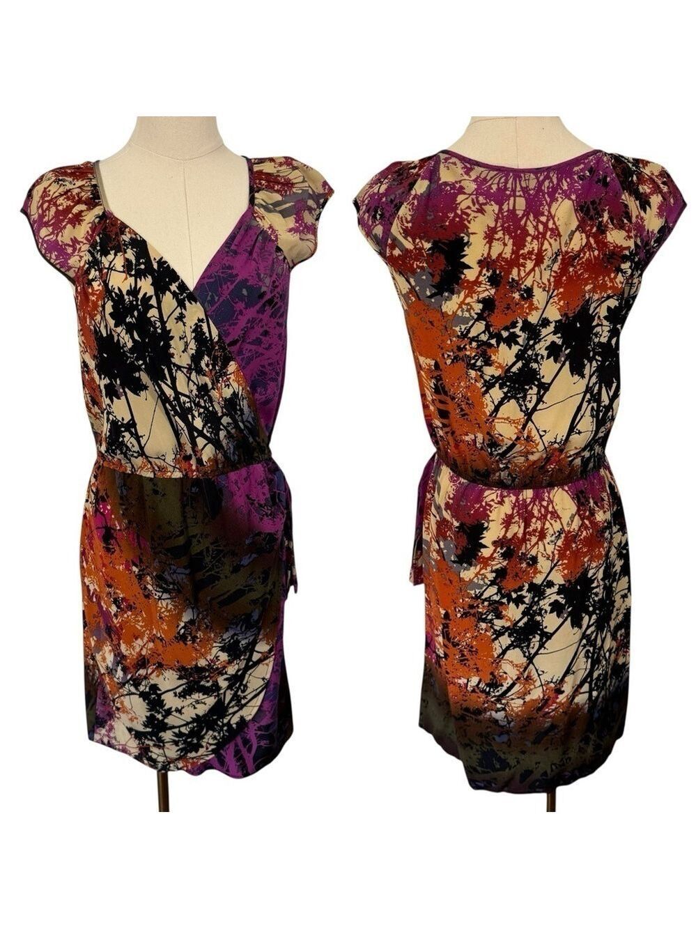 Charlie Jade 100% Silk Wrap Dress Sz S Dark Neutrals Floral Short Sundress EUC